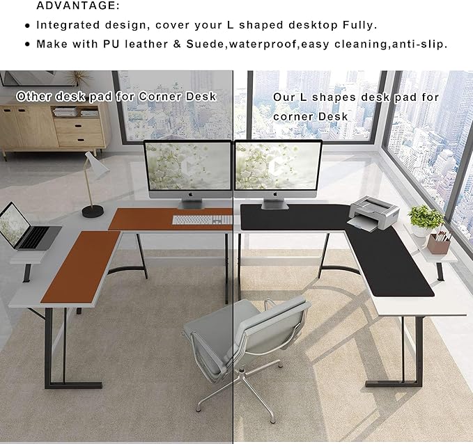 ZORESYN L Shaped Desk Mat 43.3"(L) x 43.3"(L) x 13"(W), Mouse pad for Corner Desk, Computer Corner Desk Pad, Writing Desk Pad Protector, Large Waterproof PU Leather Corner Mousepad - Black