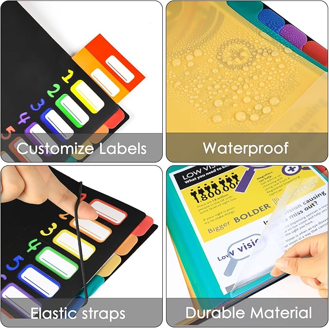 HABGP 24 Plastic Folders with Multi Pockets, 12 Colors, Office Organizer with 12 Tab Dividers, Letter Size School Supplies