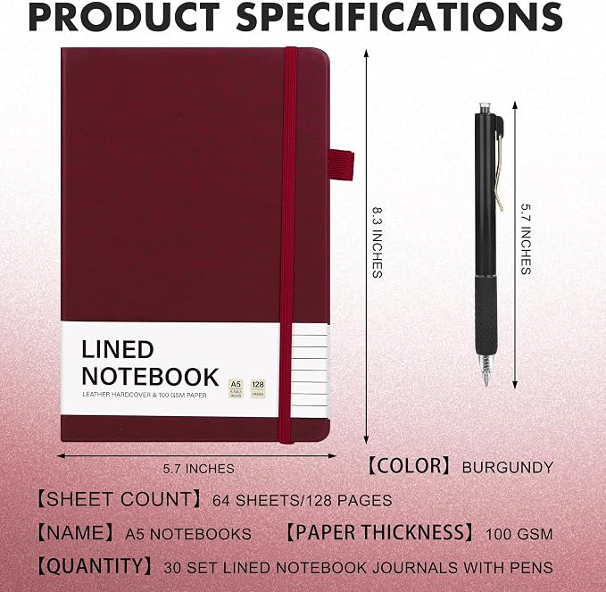 Aodaer 30 Set Lined Notebook Journals with Pens A5 Notebooks 100 GSM College Ruled Hardcover Notebook PU Leather Notepad with Pen Holder for Office School, 5.7 x 8.3 Inches, Burgundy