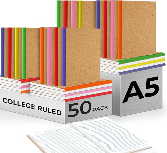 Rosmonde Bulk Kraft Journals, A5, 50 Pack, College Ruled, 120 Pages | Bulk Composition Notebooks Lined, College Ruled, 8 x 5.7, 60 Sheets, No-Bleed Paper, Kraft Composition Notebook for School