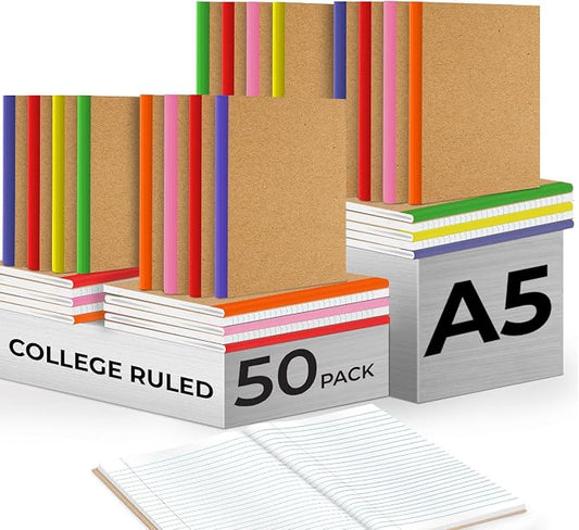 Rosmonde Bulk Kraft Journals, A5, 50 Pack, College Ruled, 120 Pages | Bulk Composition Notebooks Lined, College Ruled, 8 x 5.7, 60 Sheets, No-Bleed Paper, Kraft Composition Notebook for School