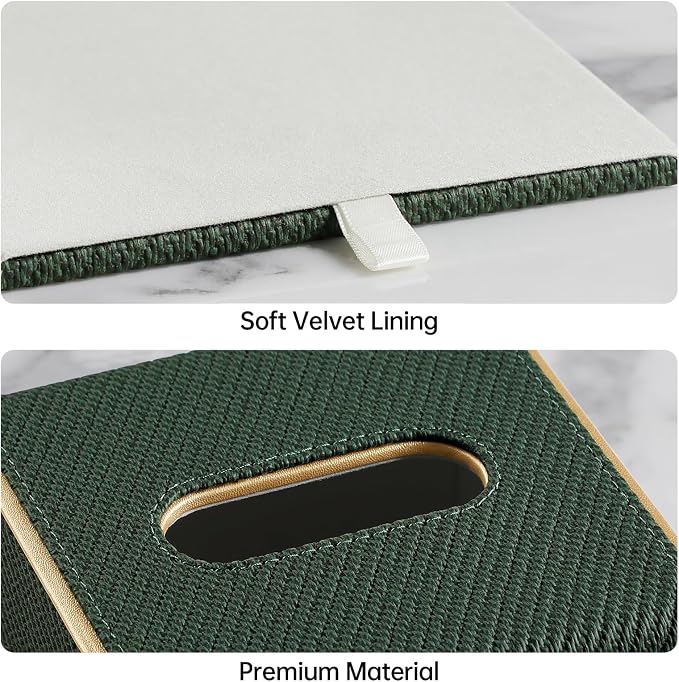Square PU Leather Tissue Box Cover with Magnetic Closure, Decorative Tissue Holder & Storage Container for Bedroom, Living Room, Dining Room, Bathroom, Countertop, Desk (Square Dark Green Twill)