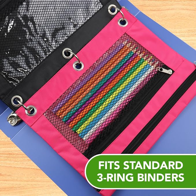 Pencil Pouch for 3 Ring Binder, Heavy Duty Canvas Dual Zipper Pen Bag with Clear Window, Smooth Metal Zipper, Fit Standard 3-Ring Binders for School Office Travel Supplies