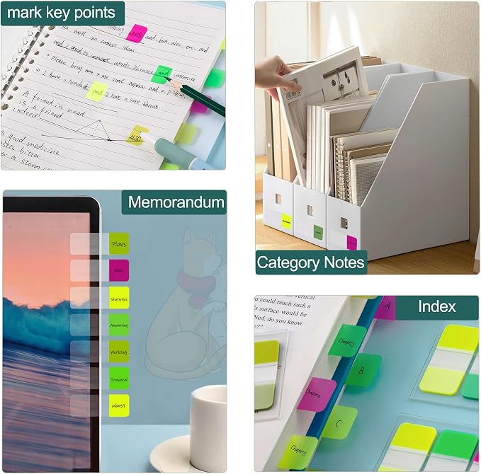 Golcellia 480 Pieces Sticky Index Tabs Transparent Sticky Notes, Colored Page Markers for Bookmarks, Writable and Repositionable Index Annotation Tabs(Yellow,Green,Pink,Dark Green)
