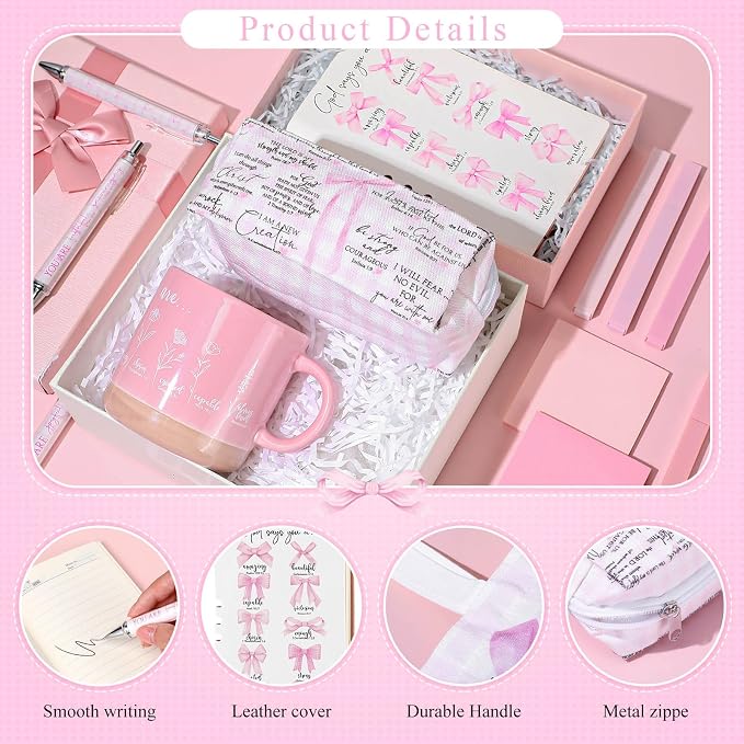 Reallnaive 25 Pcs Bible Journaling Supplies for Women, Bible Study Kit with Notebook Mug Tote Bag Pouch Pens Highlighter Sticky Notes Pink Christian Gift for Teen Girl, Teacher, Back to School