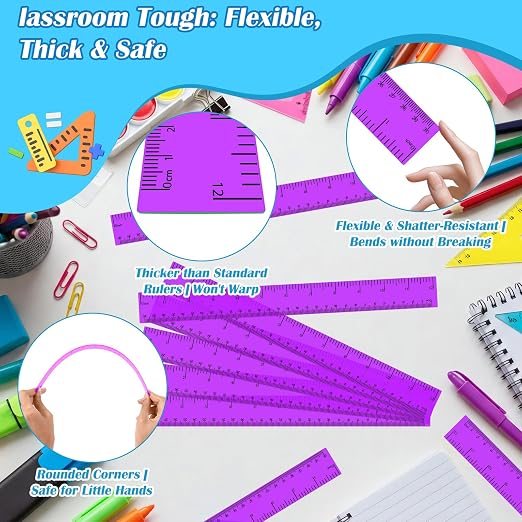 36 Pack 12 Inch Clear Purple Plastic Rulers Bulk, Transparent Metric Rulers with Centimeters and Inches, Straight Measuring Rulers for Back to School, Kids Classroom School Office Home Supplies