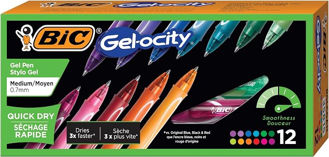 BIC Gel-Ocity Quick Dry Gel Pens, Medium Point Retractable Gel Pen (0.7mm), Assorted Colors, 12-Count- Pack of 18