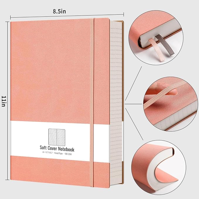 AHGXG College Ruled Notebook, 320 Pages, Large Journal A4 (8.5''×11') | Thick Lined Notebook for Note Taking, 100GSM Paper, Leather Softcover, for Women Men (Pink)