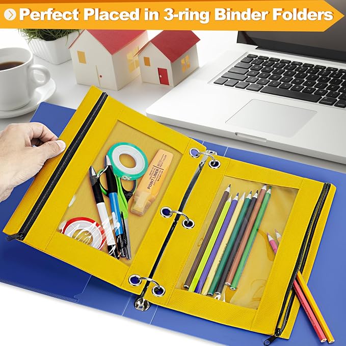 Pencil Pouch for 3 Ring Binder, 2 Pack Pencil Bags with Zipper, Yellow Pencil Case for Classroom School Office Supplies, Large Sturdy and Durable Cloth Pencil Pocket for 3 Holder Binder