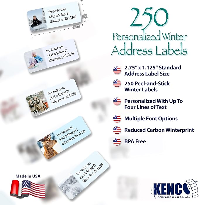Customized Personalized Winter Holiday Address Labels - Made in the USA by Kenco (250 Labels, Winter)