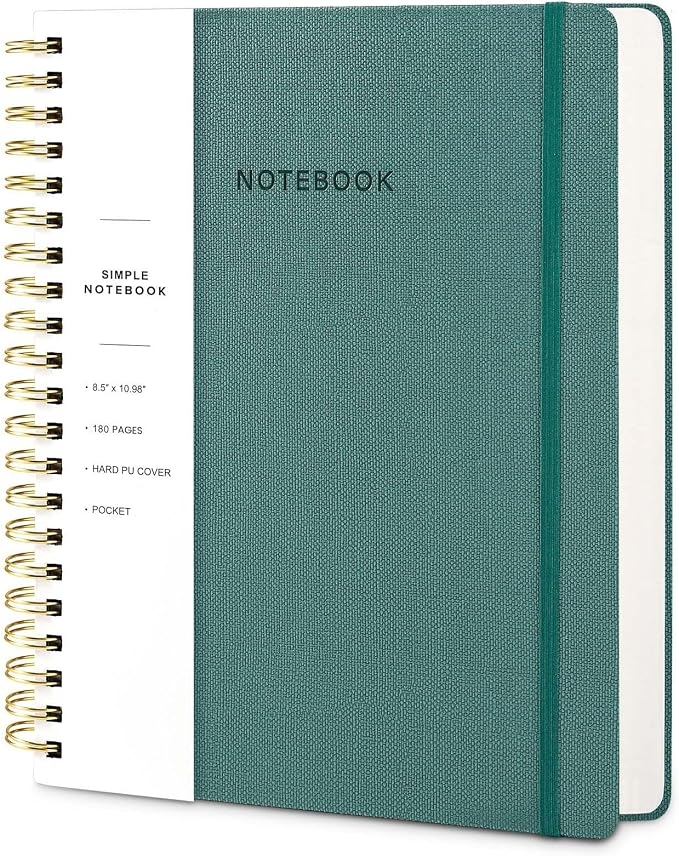 Spiral Notebook - 8.5 x 10.98 Inch Large Hard Cover Notebook with Elastic Band & Pocket, 180 Pages, Lay Flat Wirebound Journal for Work, School, Planning & Note Taking Green