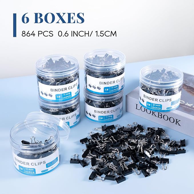 Small Binder Clips 864 PCS - Mini 15mm Paper Clip 5/8 Inch Paper Clamps | Bulk Micro Black Metal Binding Paperwork Clamp, School Teachers Office Supplies