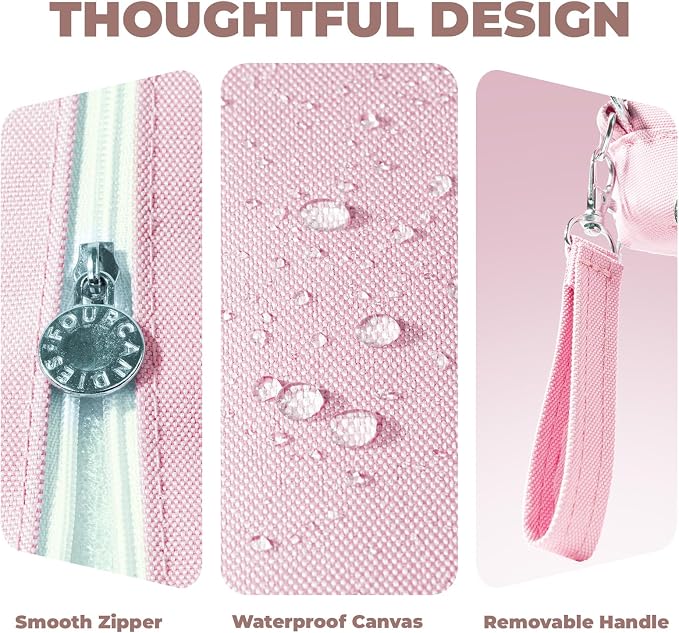 Four Candies Pink Pencil Case 3 Compartment, Large Pencil Pouch with Removable Handle & Zipper, Cute Stationery Organizer Big Pencil Case for Markers, Pencil Bag for Office College, Pink