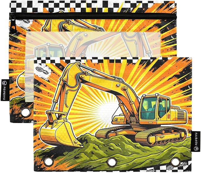 Gredecor 3 Ring Binder Pencil Pouch, Yellow Excavator Pop Zippered Pen Case Pouches with Clear Window, 2 Pack Stylish Office & School Supplie