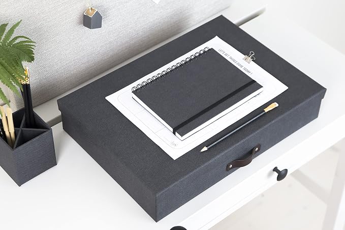 Bigso Box of Sweden Document Box with Lid for Papers in A3 format - Document Organiser Tray with Lid and Leather Handle - Storage Container Made of Fibreboard and Paper - Black