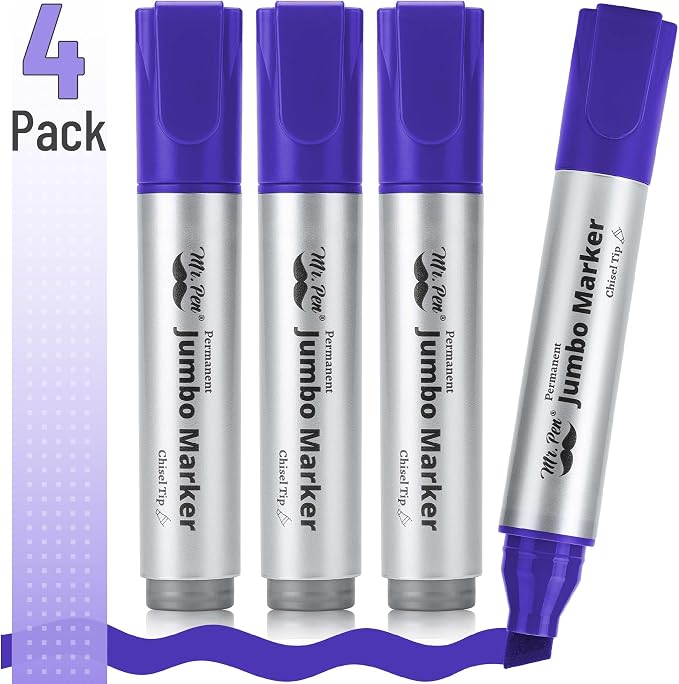 Mr. Pen- Jumbo Permanent Markers, 4 Pack, Purple, Chisel Tip, Wide Tip | Large, Thick Permanent Markers for Canvas, Posters Board, Fabric, Window, Glass, Wood, Waterproof, Quick Dry