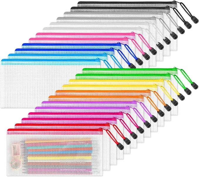 24 Pack Pencil Pouch Bulk, 9.5" x 4.5" Mesh Zipper Pouch, 12 Colors | Small Clear Zipper Pouch Pencil Case for Supplies Storage, Travel, Cash, Cosmetics, Office with Translucent Waterproof PVC