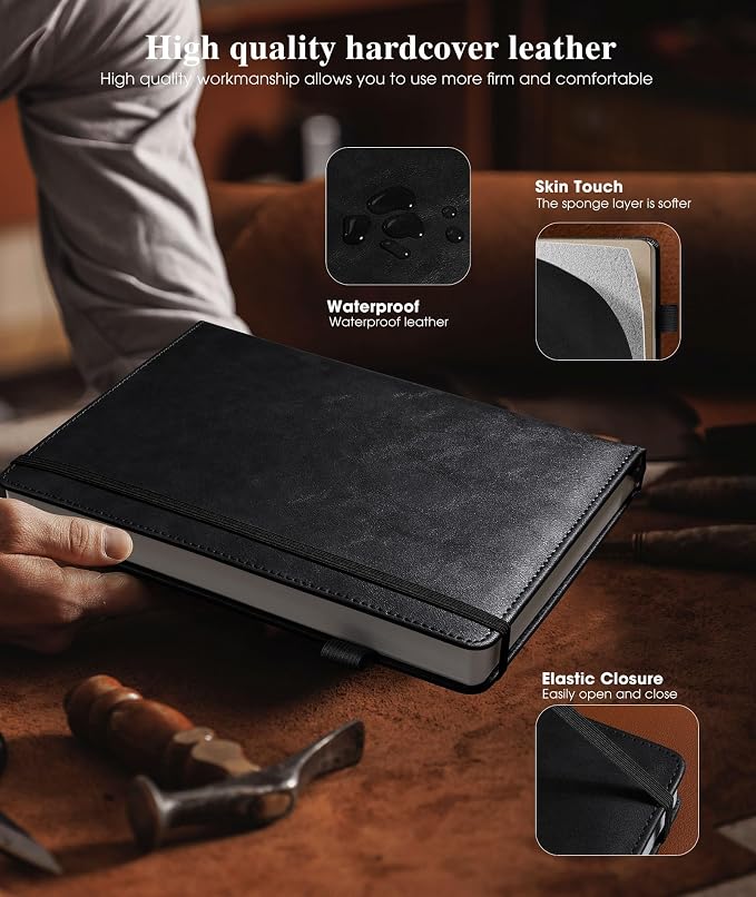 Lined Leather Journal Notebook for Men Women, Hardcover Journals with 256 Numbered Pages, B5 Journaling Notebooks for Writing, 100GSM Thick Ruled Paper for Business Work School 7.6"×10", Black