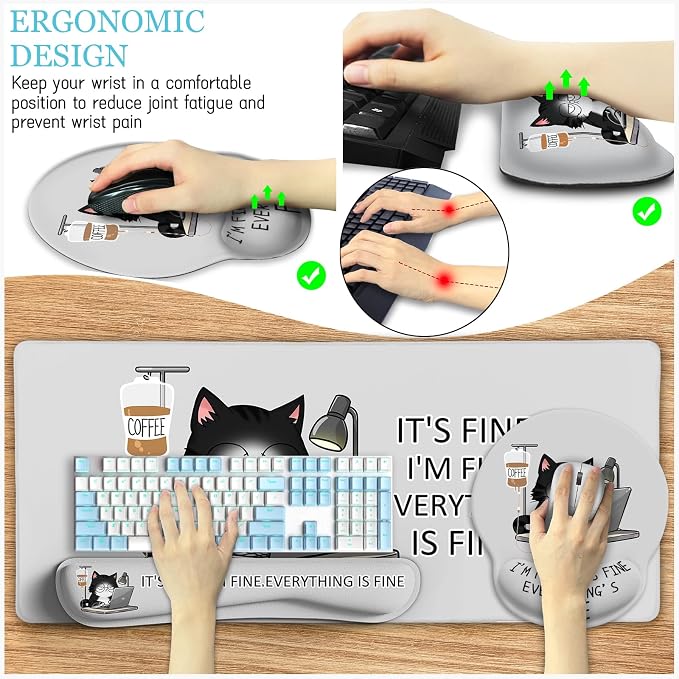LIMKRIAN Cat Ergonomic Mouse Pad with Wrist Rest Desk Mat Sets Accessories | Cute Mouse Pads for Desk, Gaming Mouse Pad Wrist Support, Keyboard Mat Wrist Rest, Coaster, Funny Office Desk Accessories