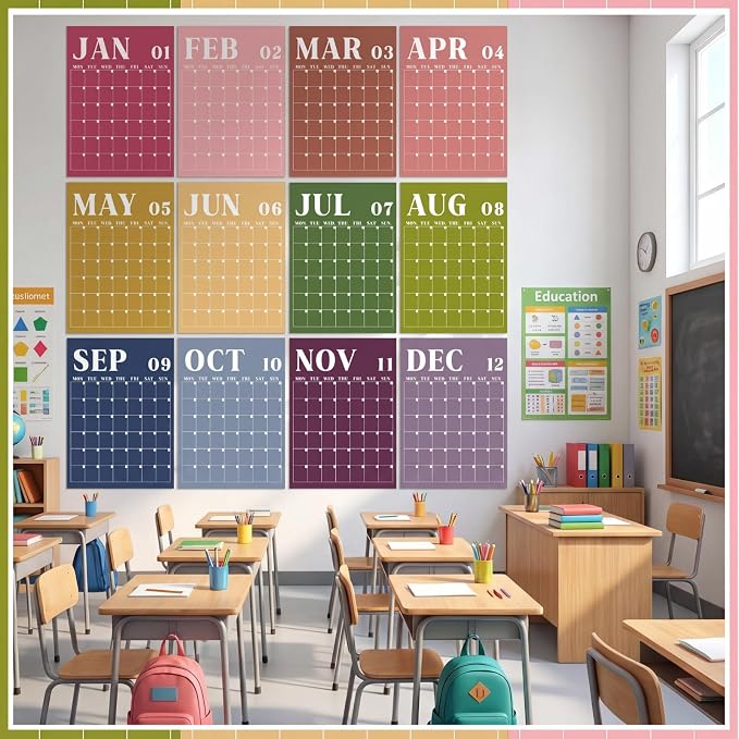 Gueevin 2026 Reusable Classroom Calendar Large Undated Dry Erase Wall Calendar 16 x 12 Inches Big Monthly Blank Planner Yearly Planning for School Organizing Office Home (Retro Contrast Color)