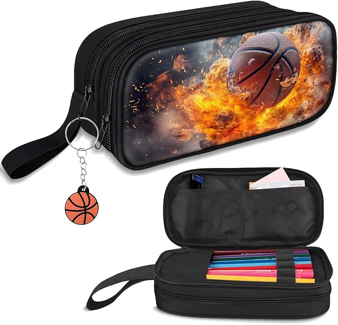 TILYTADLY Large Pencil Case for Boys - Basketball Boys Pencil Pouch with Zipper Compartments - Big Capacity Pen Box Pen Bag Organizer with Keychain for Kids Teens School