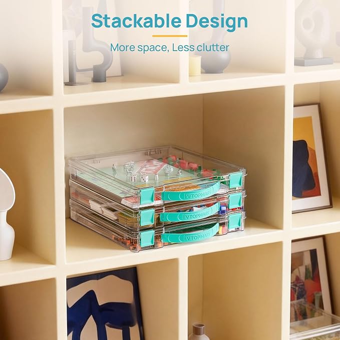 Vtopmart 10 Pack Board Game Storage with Handle and Snap-Tight Latch Lid | Clear Craft Organizer Fit 12" x 12" Papers, Stackable Storage Box for Scrapbook Storage, Art Supply Storage, Puzzle Storage