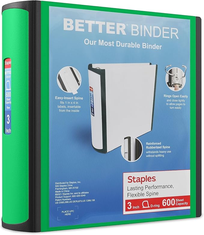 Staples Better Binder, 3" Heavy‑Duty D‑Ring 3‑Ring Binder, Green, Reinforced Spine, Holds 600 Sheets, Durable Organizer for Office, School & Presentations, 2‑Pack
