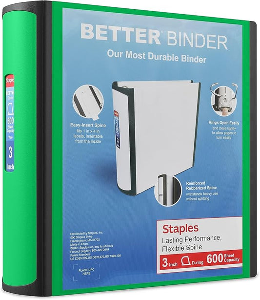 Staples Better Binder, 3" Heavy‑Duty D‑Ring 3‑Ring Binder, Green, Reinforced Spine, Holds 600 Sheets, Durable Organizer for Office, School & Presentations, 2‑Pack