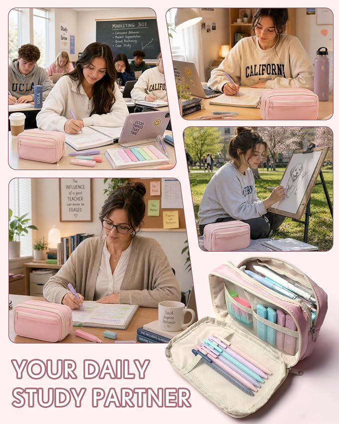 XKDOUS Preppy School Supplies Kit with Large Capacity Pencil Case, 6 Mechanical Pencils 0.5mm & 0.7mm with 240 Lead Refills, 6 Pastel Highlighters, 5 Gel Pens for Stationary College Essentials Gifts