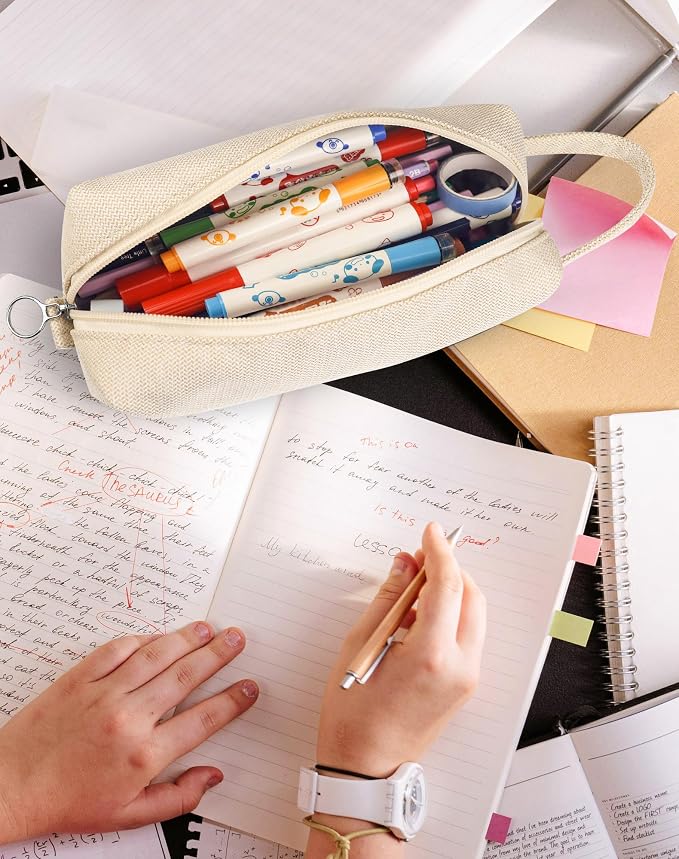 Fmeida Pencil Case Pouch - Water Resistant Pencil Pouch Portable Pencil Bag Simple Office Supplies Stationery Pouch with Handle - Retro Beige