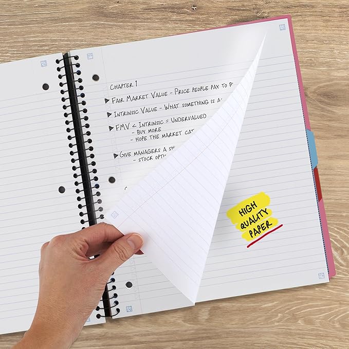 Five Star Advance Spiral Notebook + Study App, 3 Subject, 8.5" x 11" College Ruled Paper, 150 Sheets, Spiral Guard, Movable Tabbed Dividers, Prom Pink (820060R)