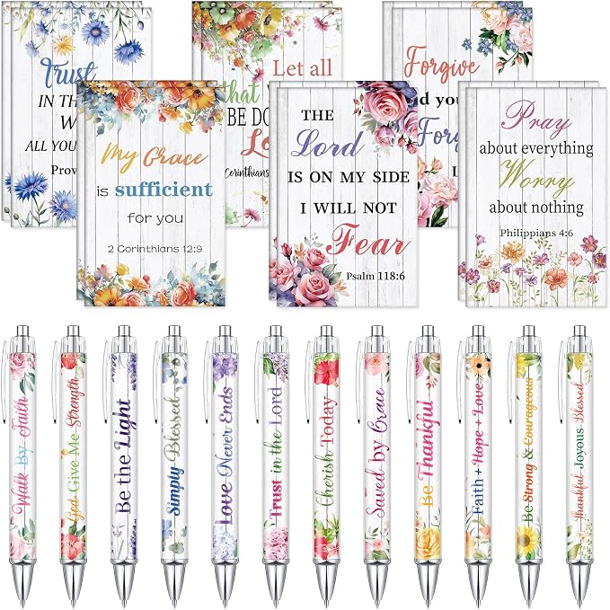 Colarr 12 Sets Christian Bulk Gifts for Women Bible Verse Pens Notebooks Religious VBS Scripture Ballpoint Pens Bookmarks Journal for Easter Sunday School Church Inspirational Supply(Novel Flower)