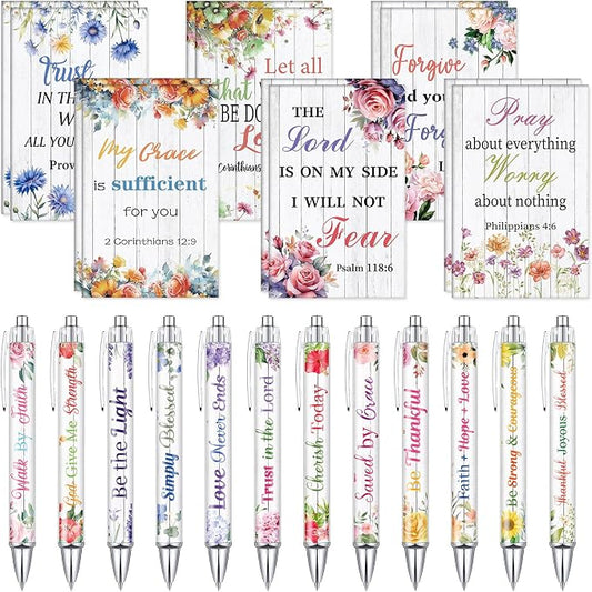 Colarr 12 Sets Christian Bulk Gifts for Women Bible Verse Pens Notebooks Religious VBS Scripture Ballpoint Pens Bookmarks Journal for Easter Sunday School Church Inspirational Supply(Novel Flower)