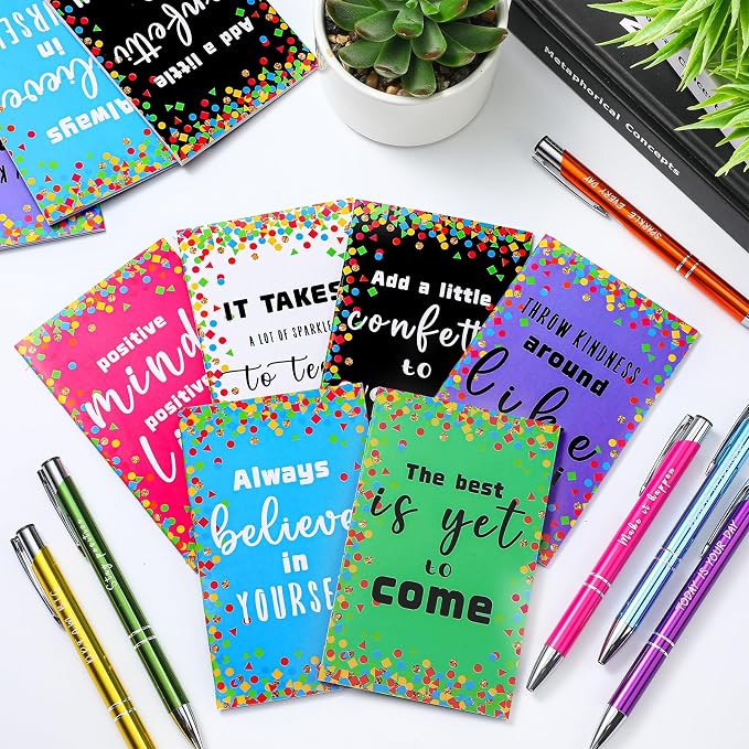 Geyee 24 Pcs Mini Motivational Pens Inspirational Notepads Bulk Appreciation Gifts Small Journals Funny Ballpoint Pen Set Prizes Men Women Office Travel Party Favors(Confetti)
