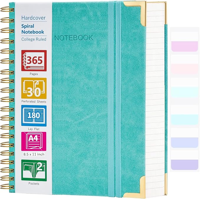 Spiral Notebook, 365 Page Hardcover College Ruled Notebook, 8.5" x 11", Large Leather Notebook Journal for Men Women, A4 Notebooks for Work School Notes, Journals for Writing, 24pcs Index Tabs, Teal