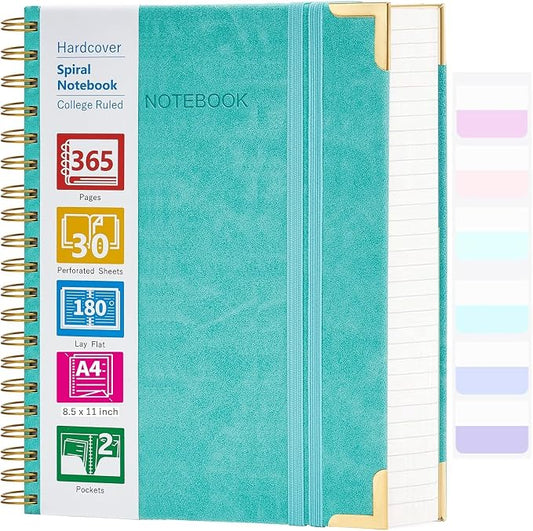 Spiral Notebook, 365 Page Hardcover College Ruled Notebook, 8.5" x 11", Large Leather Notebook Journal for Men Women, A4 Notebooks for Work School Notes, Journals for Writing, 24pcs Index Tabs, Teal
