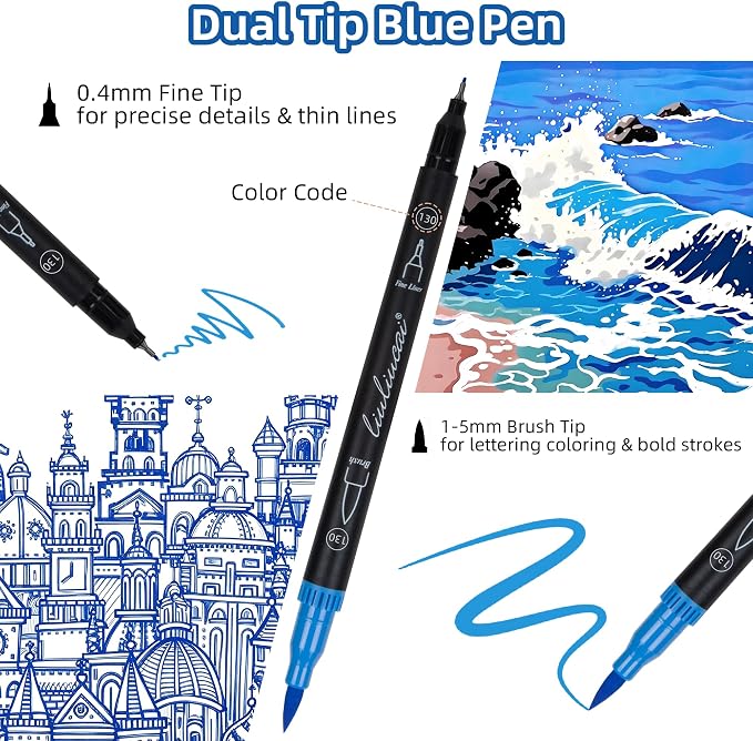 LIULIUCAI 10 Blue Dual Markers, Fine & Brush Tip Pen for Adult Coloring | Ocean Blue Markers, Coloring Pens for Sky Sea, Water Effects, Calming Art, Outlining Journaling Calligraphy Illustration