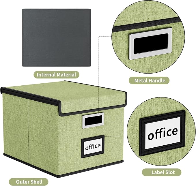 File Organizer Box with Lid, Collapsible File Folder Organizer for Office Document Storage, Filing Box with Plastic Slide for Letter Size Hanging File Folders(1 Pack, Green)
