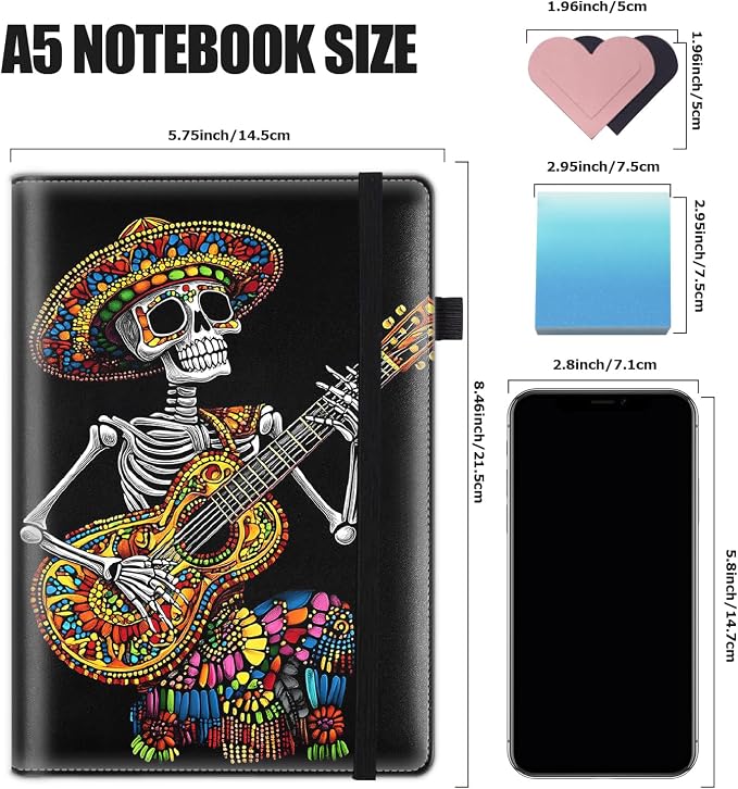 Hardcover Executive Notebooks, A5 PU Leather Lined Journal Notebook, 200 Pages Thick Paper Subject Notebooks for School,Work,Home Writing Business Notebook, Diary Book ，Skull Guitar Huichol