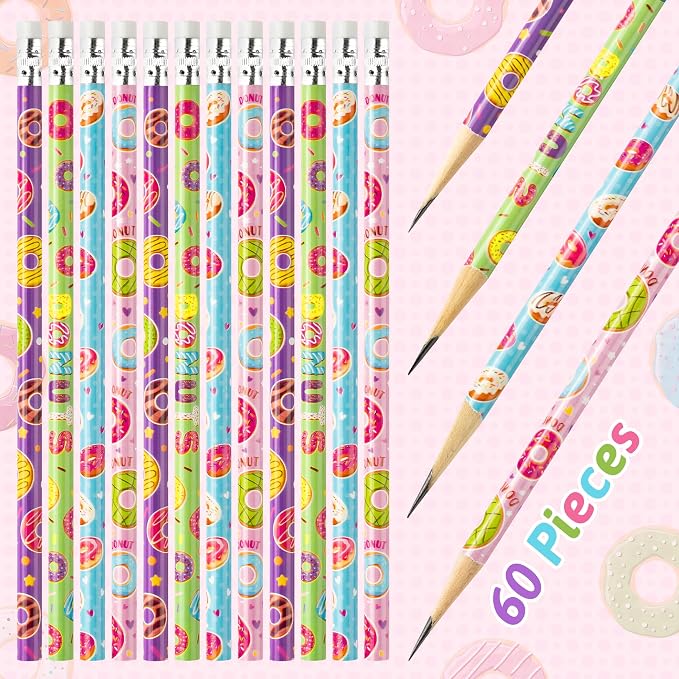 Xqumoi 60Pcs Doughnut Pencils with Erasers - Cute Donut Themed #2 HB Wooden Pencils in Bulk Birthday Party Favors Classroom Student Rewards Goodie Bag Fillers Stuffers Back to School Gift