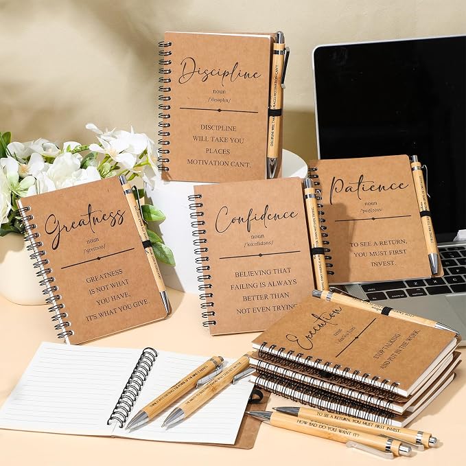 TecUnite 10 Sets Inspirational Spiral Notebooks with Motivational Bamboo Pens, Employee Appreciation Gift for Coworker Team Staff Teachers Students, Thank You Gift Notepad Journal Bulk (Brown)