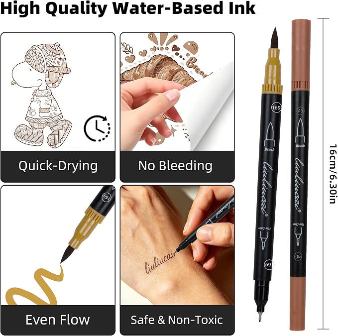 LIULIUCAI 10 Brown Dual Markers, Fine & Brush Tip Pen for Adult Coloring | Drawing Pen, Earthy Brown Markers for Wood Textures, Rustic Illustrations, Animal Sketches , Cozy Interiors, No Bleeding