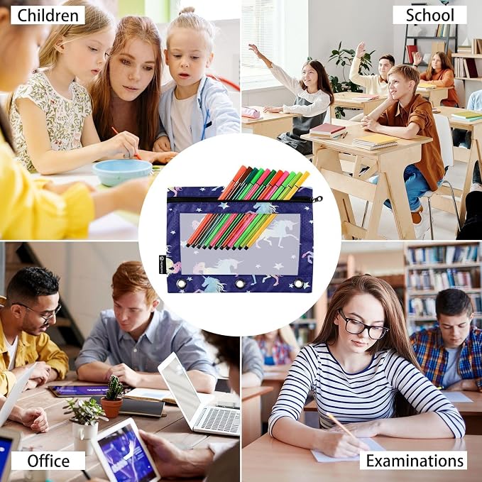 Magic Horse Pencil Pouch Fits standard 3-ring binders, Zipper Binder Pencil Bag with Clear Window for Class Office 2 Pack