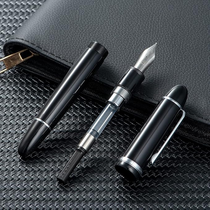 Jinhao X159 Black Acrylic Fountain Pen, Size 8 Medium Nib Silver Trim Classic Design Smooth Writing Pen with Converter
