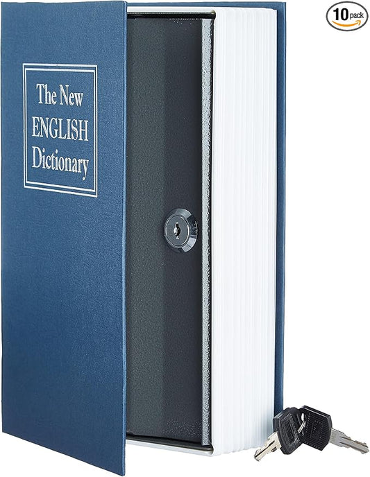 Amazon Basics Portable Diversion Book Safe, Secret Hidden Lock Box with Key Lock for Valuables, Hidden Storage Compartment Disguised as a Book, Large, Blue (Pack of 10)