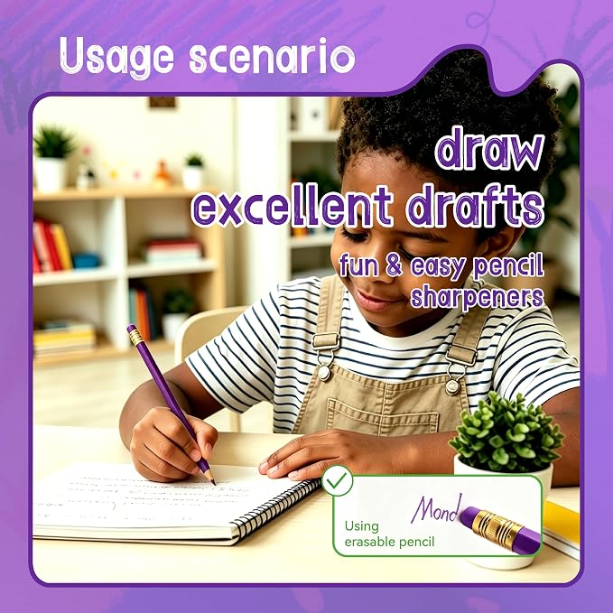 12 Pcs Purple Pencils with Eraser for Kids HB Erasable Pencils Pre-Sharpened Professional Wooden Pencils Set with Smooth Lead Cores, Ideal for School Drawing, Sketching, Coloring and Creative Projects