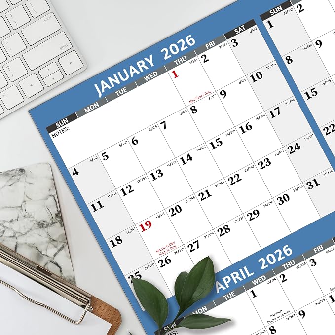 2026 Dry Erase Calendar – Large Yearly Wall calendar 2026, 33.7'' x 45.1'', 2-Side Reversible Calendar 2026, Vertical/Horizontal, Jan 2026 – Dec 2026, 2026 Wall Calendar with Notes, Stickers - Light Blue
