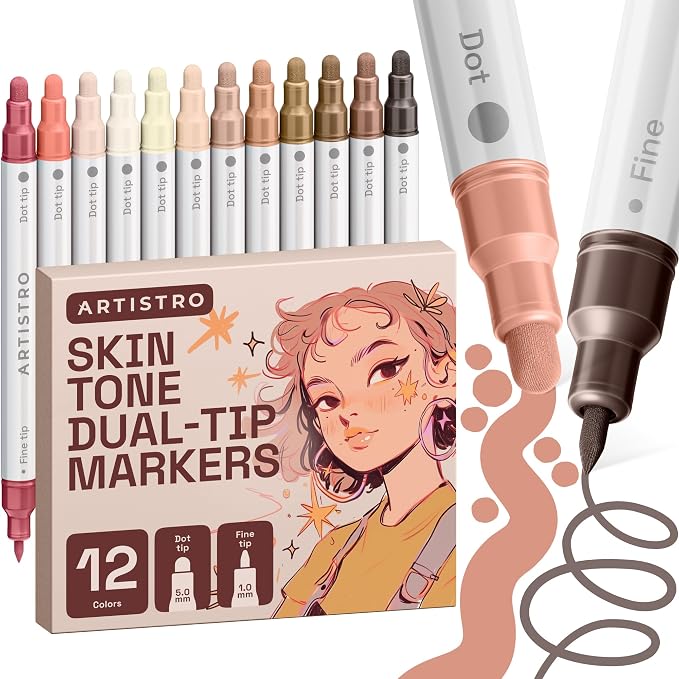 ARTISTRO 12 Skin Tones Dual-Tip Acrylic Paint Markers – Paint Pens Set with Dot & Fine Tips for Fabric, Rock, Glass, Wood, Coloring Books – Arts & Crafts Gift – Classroom Must Haves & School Supplies