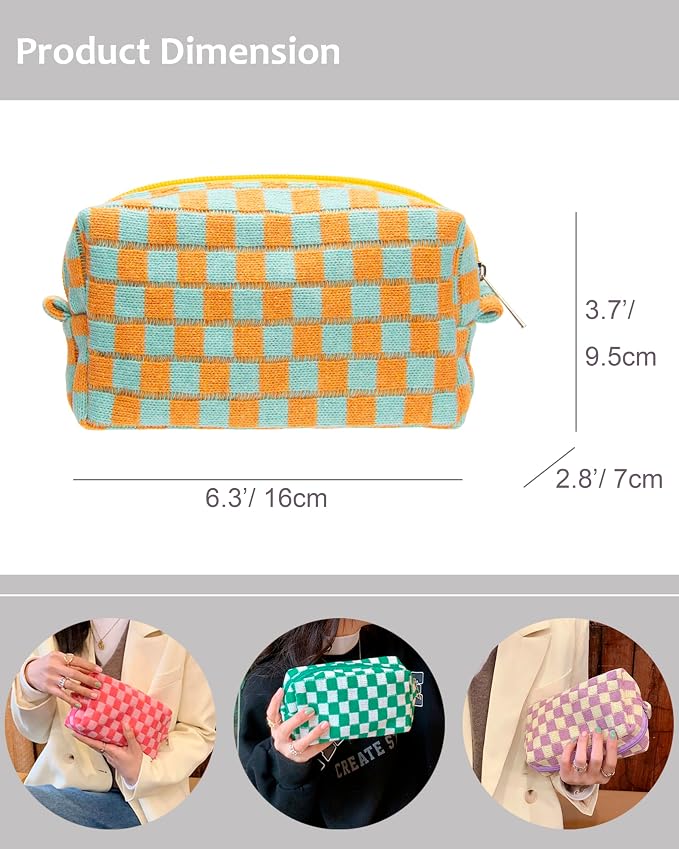 Checkered Makeup Bag for Purse, Small Travel Cosmetic Pouch,Orange Green | Cute Zipper Makeup Organizer for Women, Travel Essentials, Toiletries, Makeup Brushes, Beauty Accessories&Bridesmaid Gifts