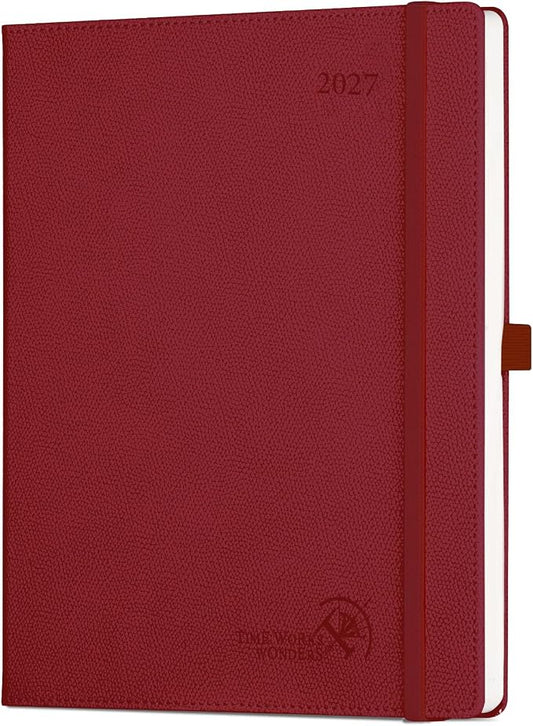 POPRUN 2027 Planner (Large 8.5"x 10.5"), Weekly and Monthly Planner | Daily Calendar Book Jan.2027 - Dec.2027, Appointment Book with Monthly Tabs, Leather Hardcover, Inner Pocket - Burgundy
